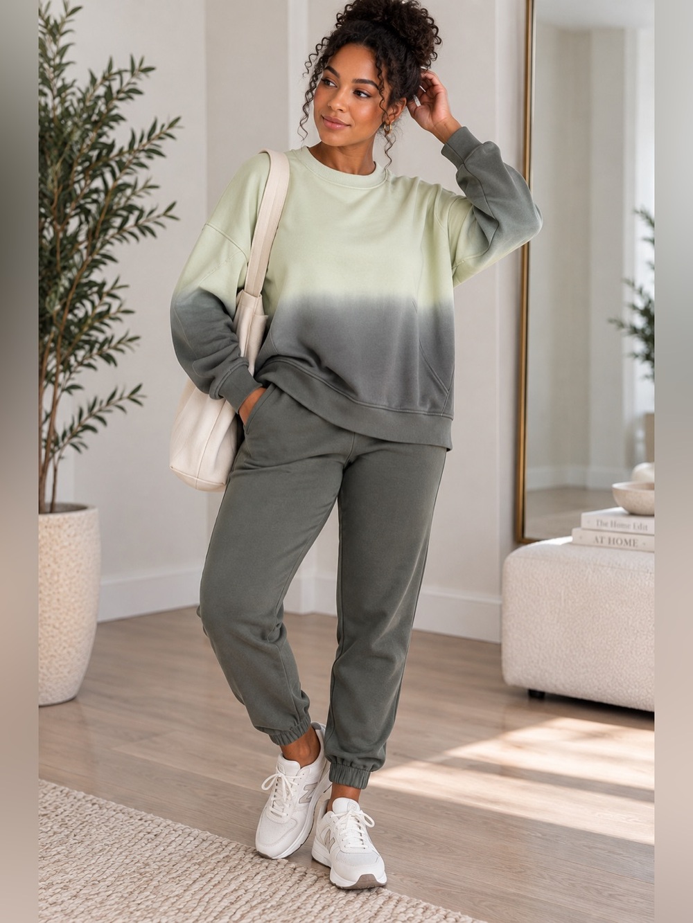 CALIA Women’s Large Ombré Sweatshirt Jogger Set Green Gray Lounge Athleisure